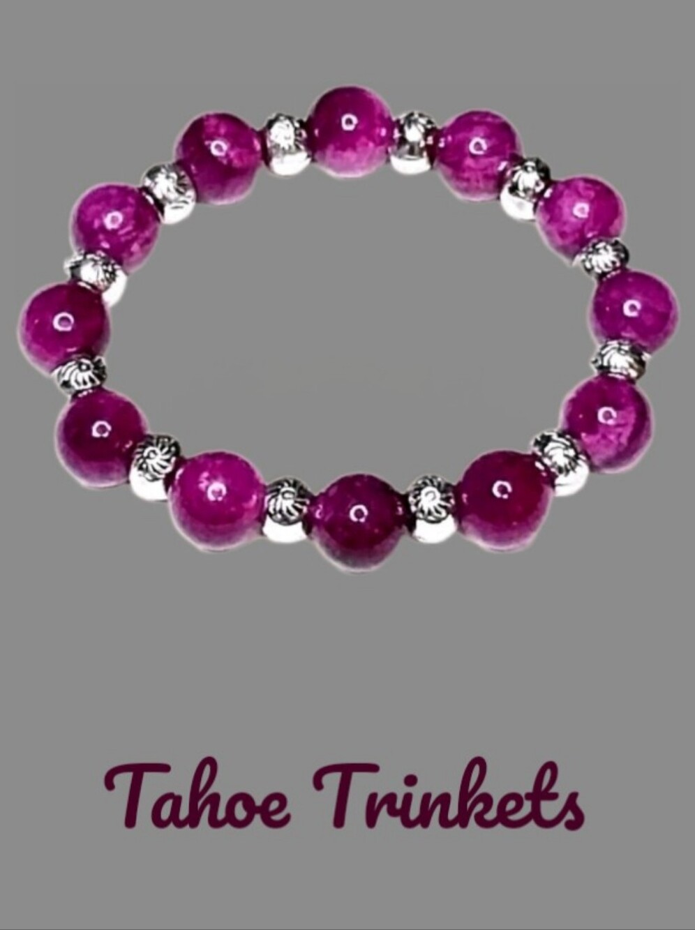 Purple Pink Jade Beaded Stretch Bracelet with Tibetan Silver Flower Spacers Gift